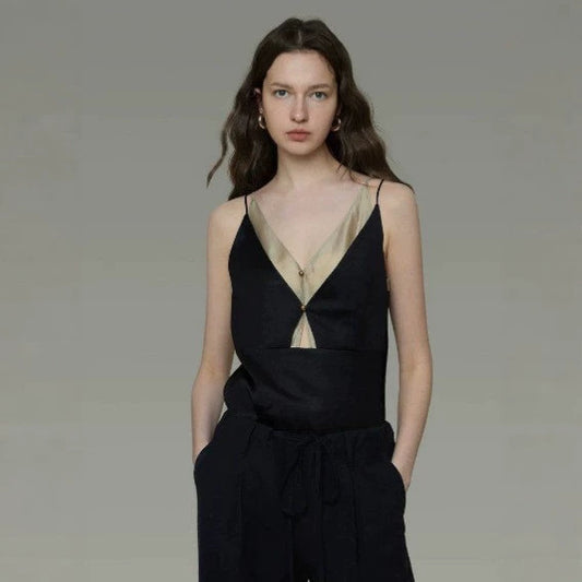 LONGÉ Women’s Cotton Polyester V-Neck Camisole - Black Tea Green - Size S-M