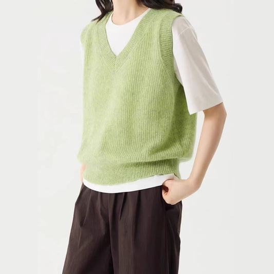 LONGÉ Women’s Mohair Wool V-Neck Sweater Vest - Cloud White/Sage Green - Size S-M