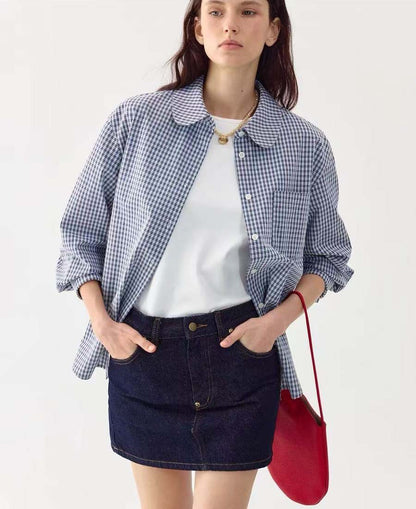 LONGÉ Women’s Plaid Peter Pan Collar Shirt - Blue and White Plaid - Size S-L
