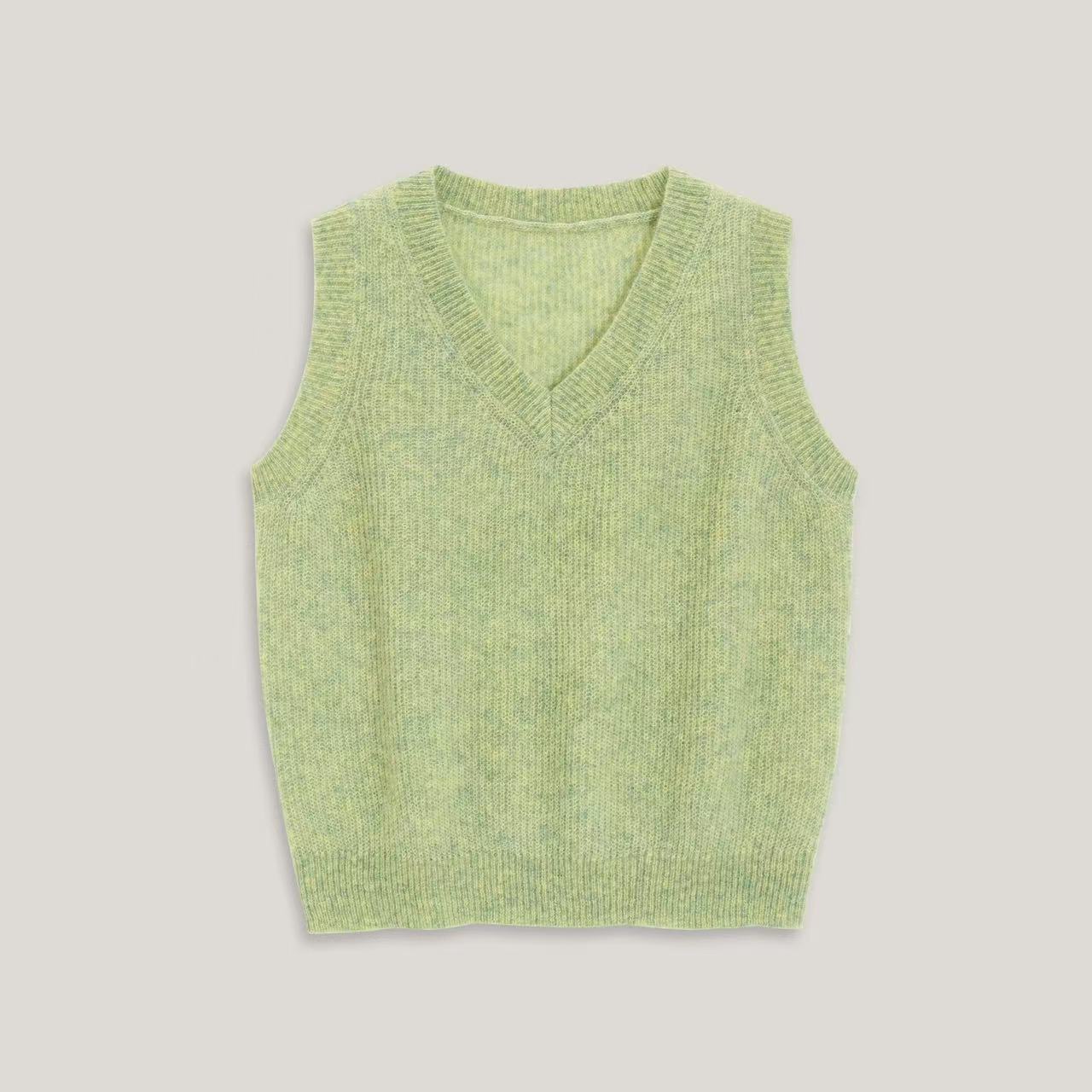 LONGÉ Women’s Mohair Wool V-Neck Sweater Vest - Cloud White/Sage Green - Size S-M