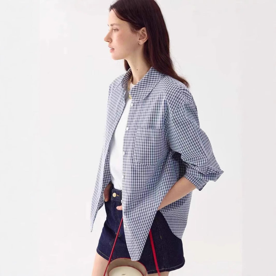 LONGÉ Women’s Plaid Peter Pan Collar Shirt - Blue and White Plaid - Size S-L