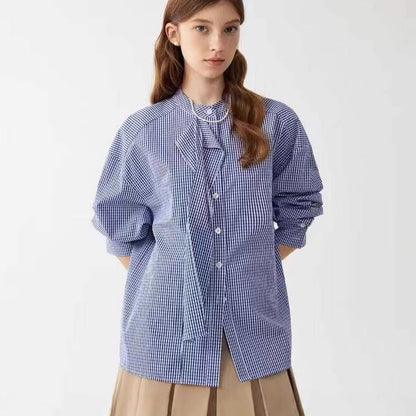 LONGÉ Women’s Cotton Gingham Band-Collar Shirt - Blue and White - Size S-L