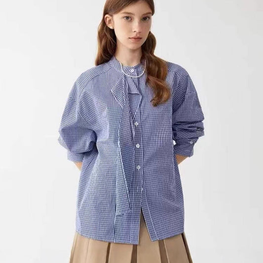 LONGÉ Women’s Cotton Gingham Band-Collar Shirt - Blue and White - Size S-L