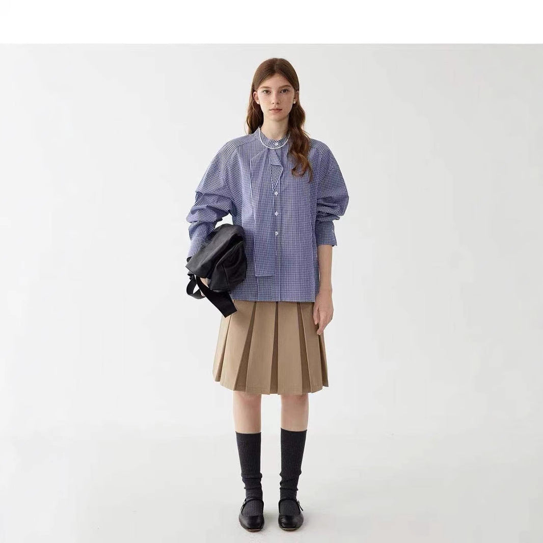 LONGÉ Women’s Cotton Gingham Band-Collar Shirt - Blue and White - Size S-L