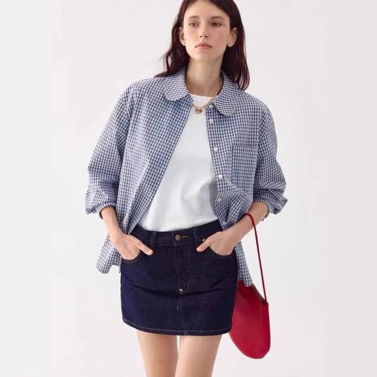 LONGÉ Women’s Plaid Peter Pan Collar Shirt - Blue and White Plaid - Size S-L