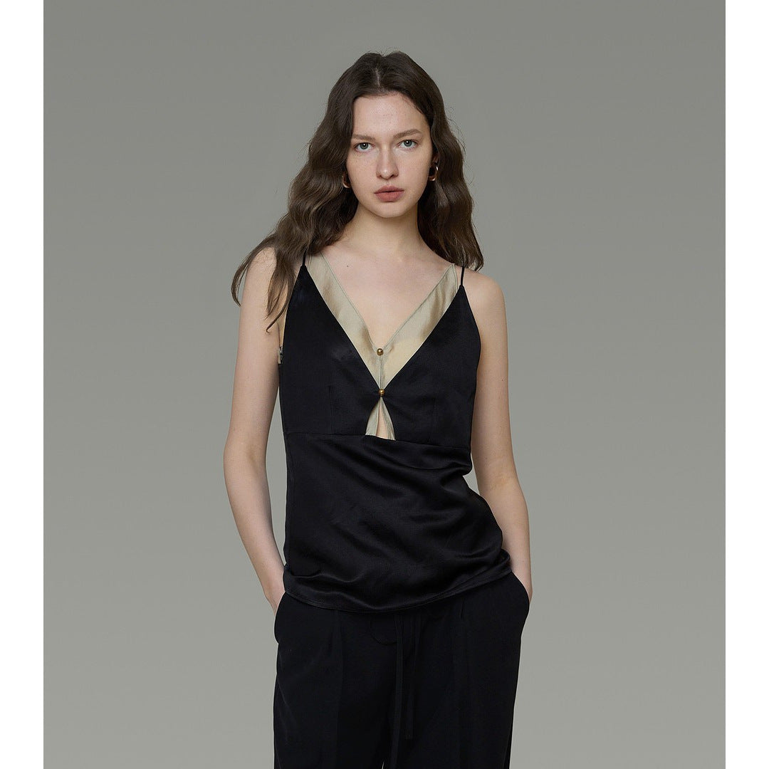 LONGÉ Women’s Cotton Polyester V-Neck Camisole - Black Tea Green - Size S-M