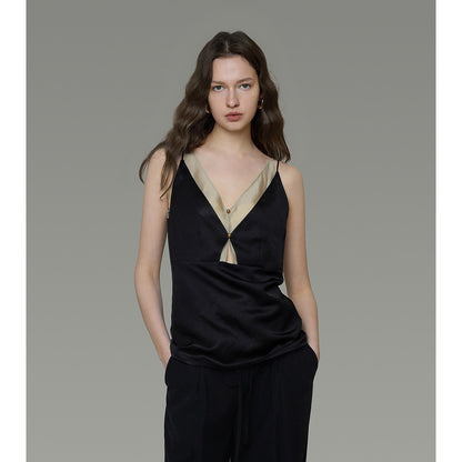 LONGÉ Women’s Cotton Polyester V-Neck Camisole - Black Tea Green - Size S-M