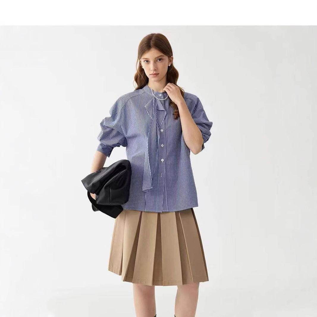 LONGÉ Women’s Cotton Gingham Band-Collar Shirt - Blue and White - Size S-L
