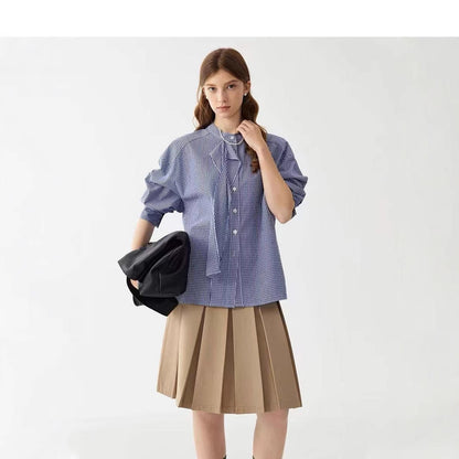 LONGÉ Women’s Cotton Gingham Band-Collar Shirt - Blue and White - Size S-L