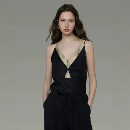 LONGÉ Women’s Cotton Polyester V-Neck Camisole - Black Tea Green - Size S-M