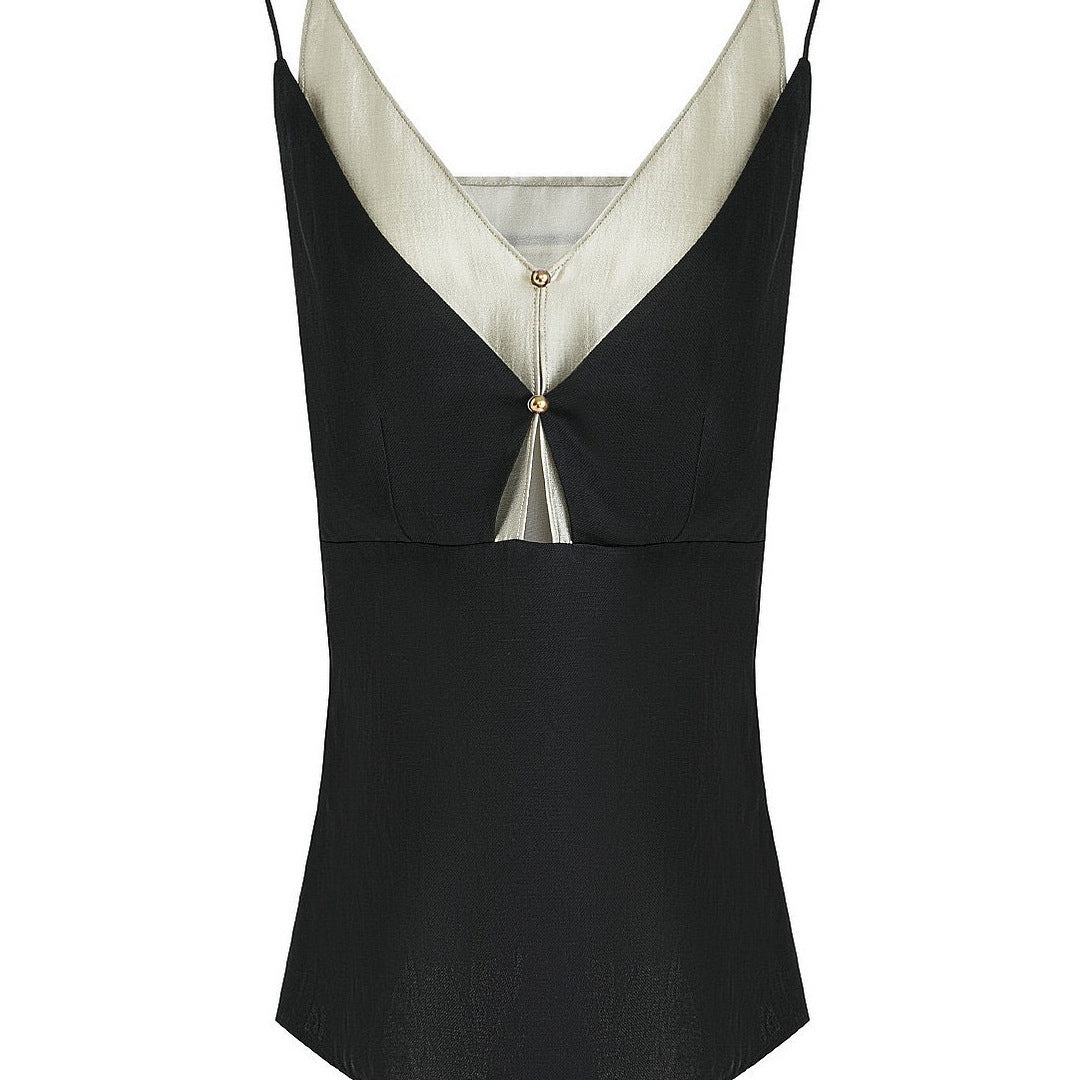 LONGÉ Women’s Cotton Polyester V-Neck Camisole - Black Tea Green - Size S-M