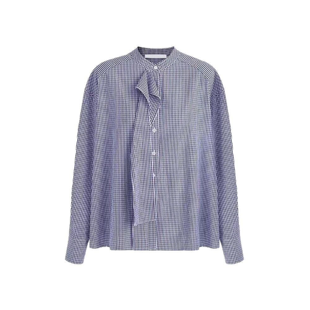 LONGÉ Women’s Cotton Gingham Band-Collar Shirt - Blue and White - Size S-L