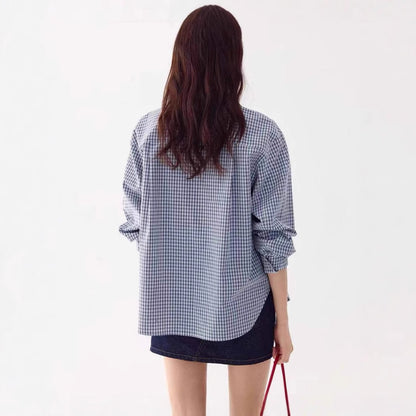 LONGÉ Women’s Plaid Peter Pan Collar Shirt - Blue and White Plaid - Size S-L