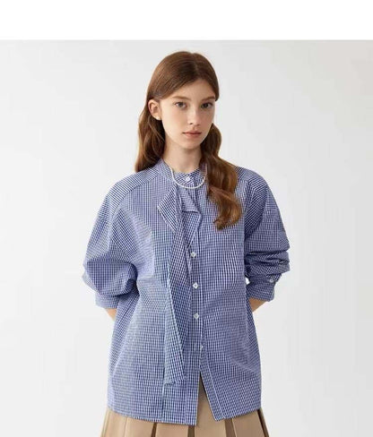 LONGÉ Women’s Cotton Gingham Band-Collar Shirt - Blue and White - Size S-L