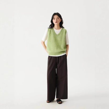 LONGÉ Women’s Mohair Wool V-Neck Sweater Vest - Cloud White/Sage Green - Size S-M