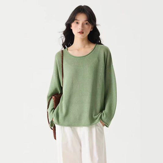 LONGÉ Women’s Washi Knit Long-Sleeve Top - Cream/Bamboo Green - Size S-M