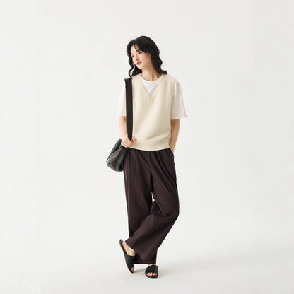 LONGÉ Women’s Mohair Wool V-Neck Sweater Vest - Cloud White/Sage Green - Size S-M