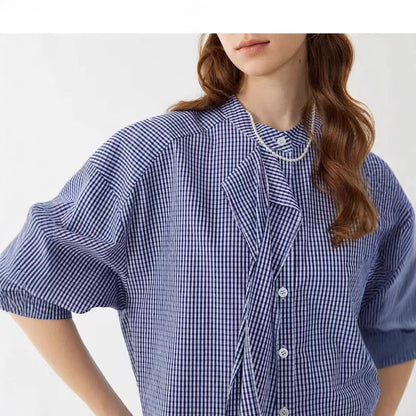 LONGÉ Women’s Cotton Gingham Band-Collar Shirt - Blue and White - Size S-L