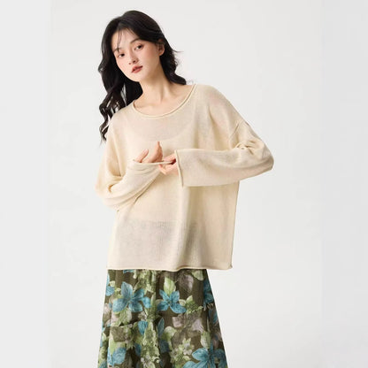 LONGÉ Women’s Washi Knit Long-Sleeve Top - Cream/Bamboo Green - Size S-M