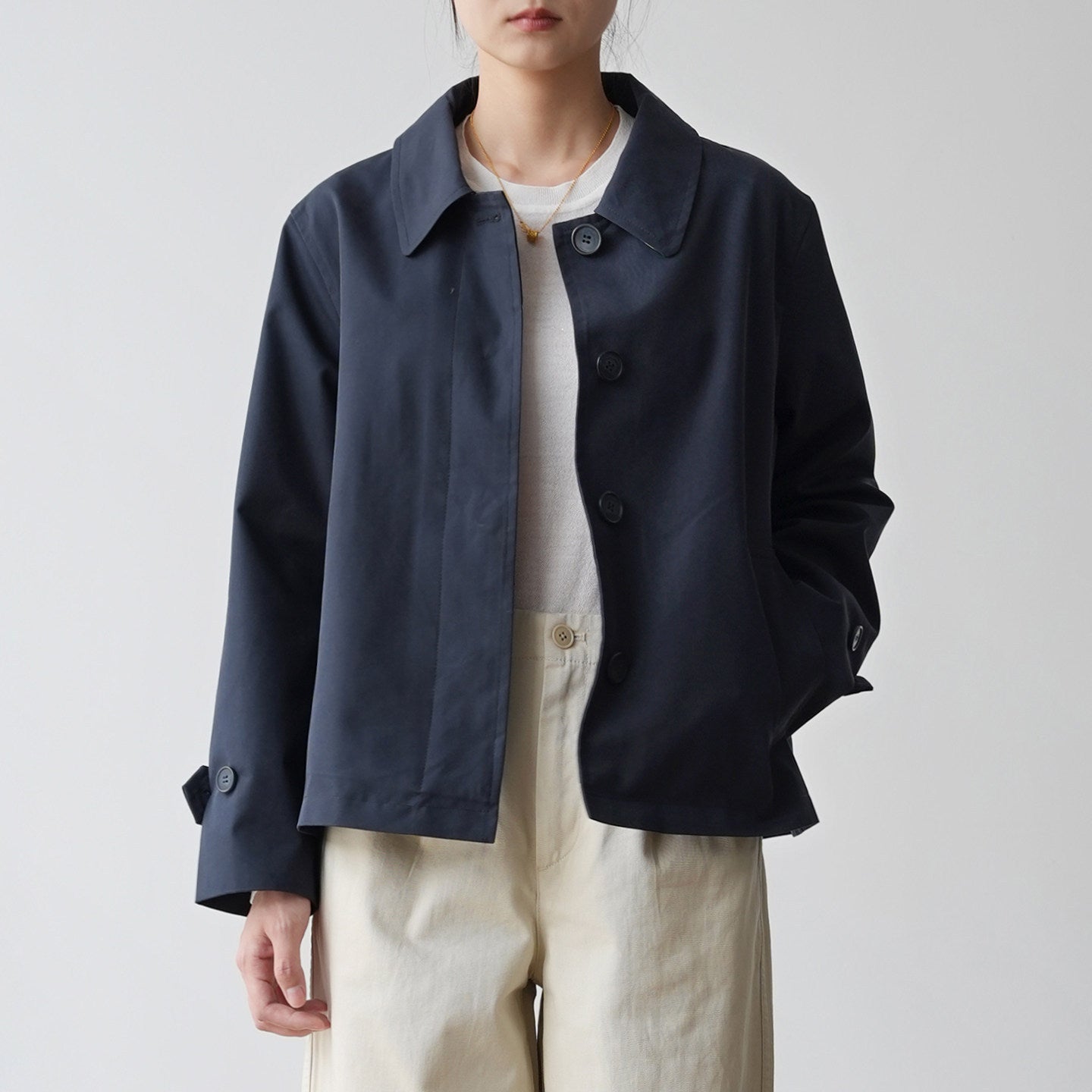 LONGÉ Women’s Cotton Blend Short Trench Jacket - Khaki/Navy - Size S-L