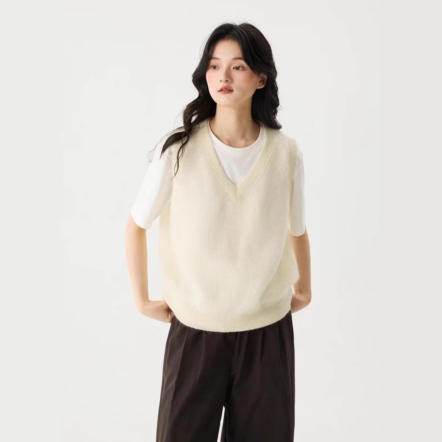 LONGÉ Women’s Mohair Wool V-Neck Sweater Vest - Cloud White/Sage Green - Size S-M