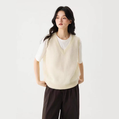 LONGÉ Women’s Mohair Wool V-Neck Sweater Vest - Cloud White/Sage Green - Size S-M