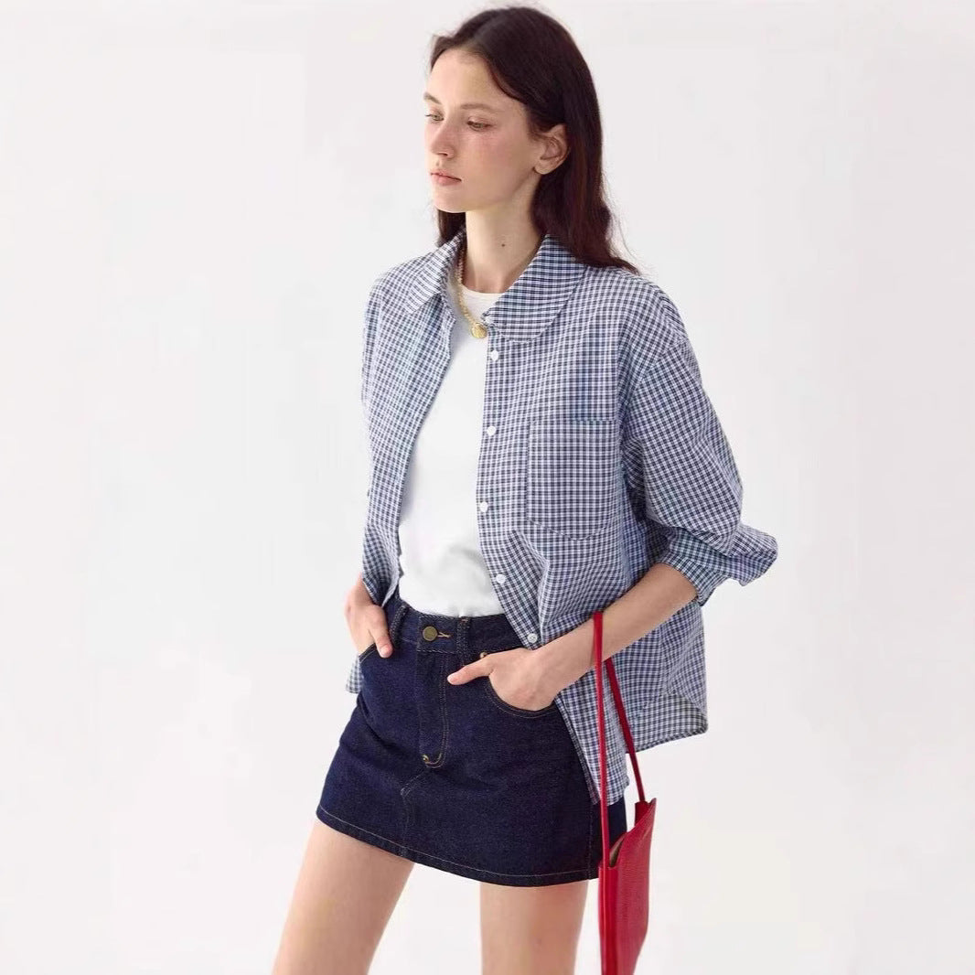 LONGÉ Women’s Plaid Peter Pan Collar Shirt - Blue and White Plaid - Size S-L