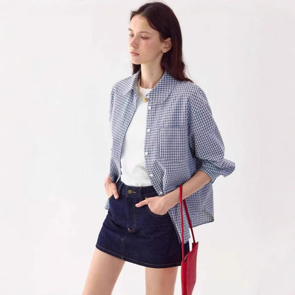 LONGÉ Women’s Plaid Peter Pan Collar Shirt - Blue and White Plaid - Size S-L