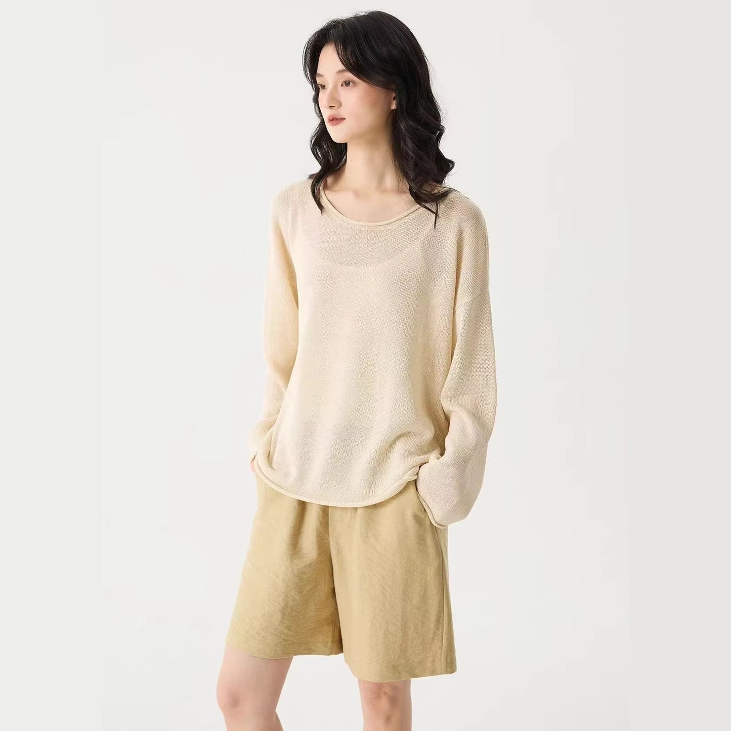LONGÉ Women’s Washi Knit Long-Sleeve Top - Cream/Bamboo Green - Size S-M